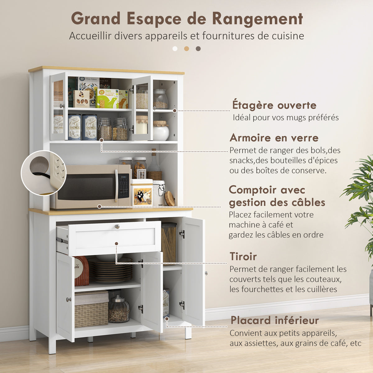 Buffet de cuisine haut 5 portes dont 2 portes vitrées et 1 tiroir, 1 niche centrale - hauteur 180 cm blanc-4