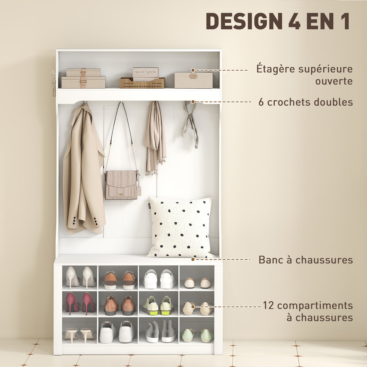 Porte-Manteau 4-en-1 avec Banc, Banc d'Entrée avec 12 Compartiments à Chaussures, 6 Crochets et Étagère Ouverte, Blanc-3
