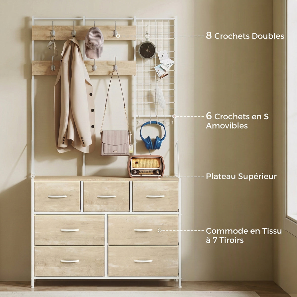 Porte-Manteau 4 en 1, Meuble d'Entrée avec 7 Tiroirs Pliables en Tissu, 14 Crochets et Panneau Grillagé, Chêne-3