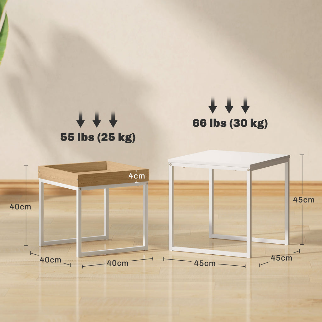 Lot de 2 tables basses gigognes carrées, tables gigognes de salon avec cadre en acier, style moderne, blanc-2