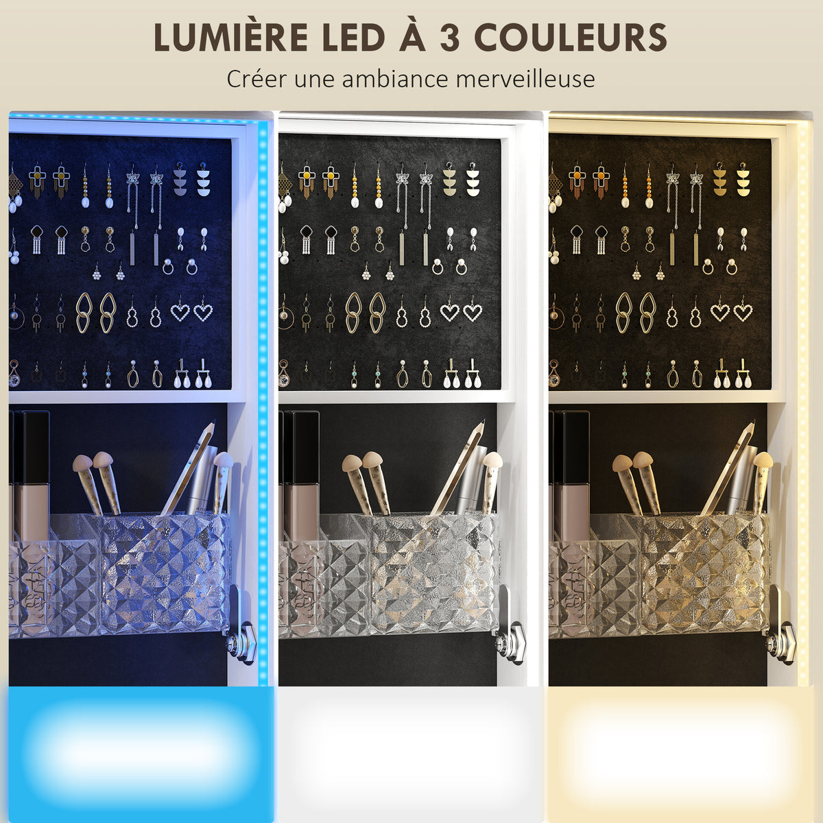 Armoire à bijoux armoire avec miroir sur pied pivotante à 360° éclairage LED 37x40x165,5cm cadre blanc, doublure noire-4