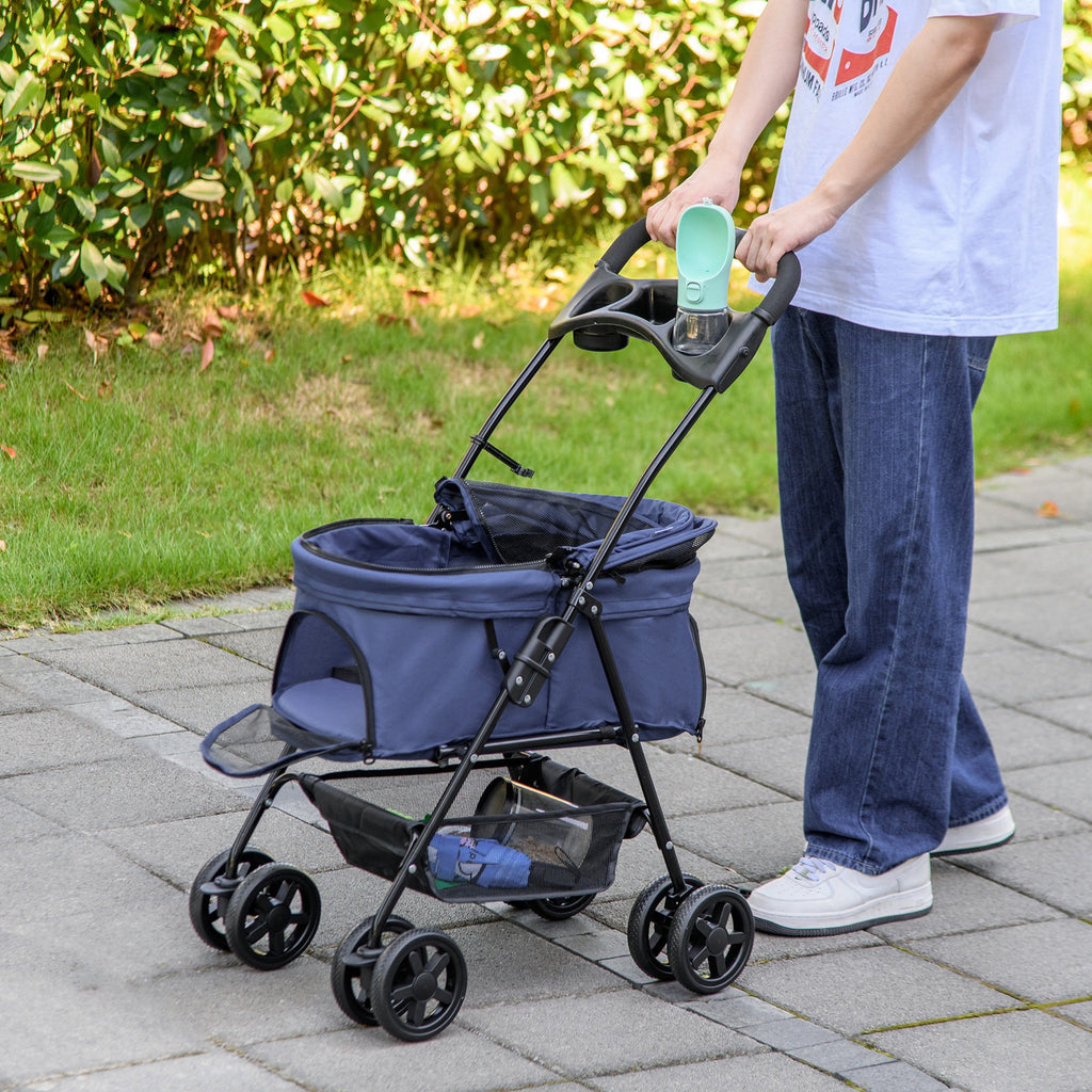 Poussette buggy pliable chien chat panier rangement porte-gobelets tissu 300D Oxford imperméable 4 roues bleu foncé-8