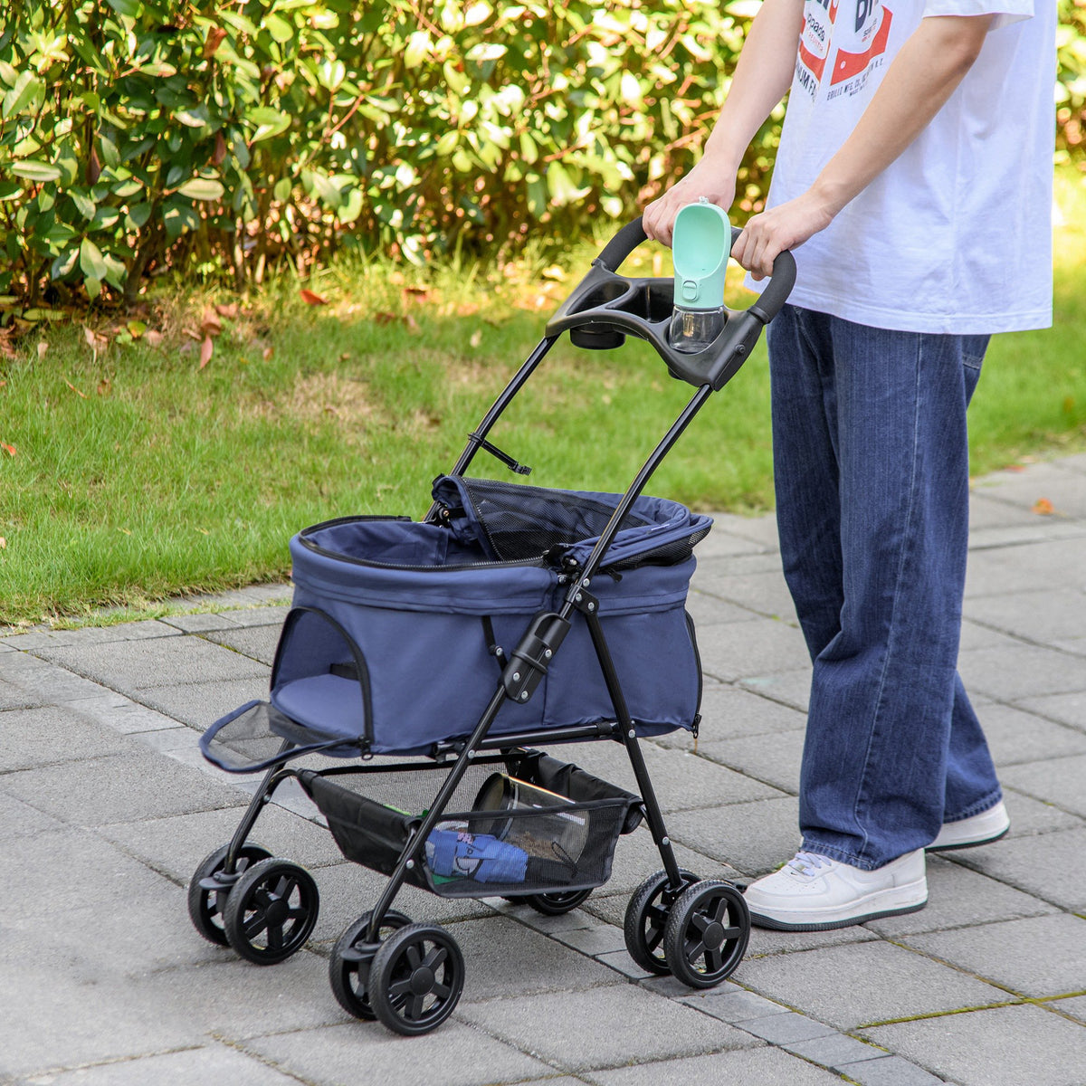 Poussette buggy pliable chien chat panier rangement porte-gobelets tissu 300D Oxford imperméable 4 roues bleu foncé-8