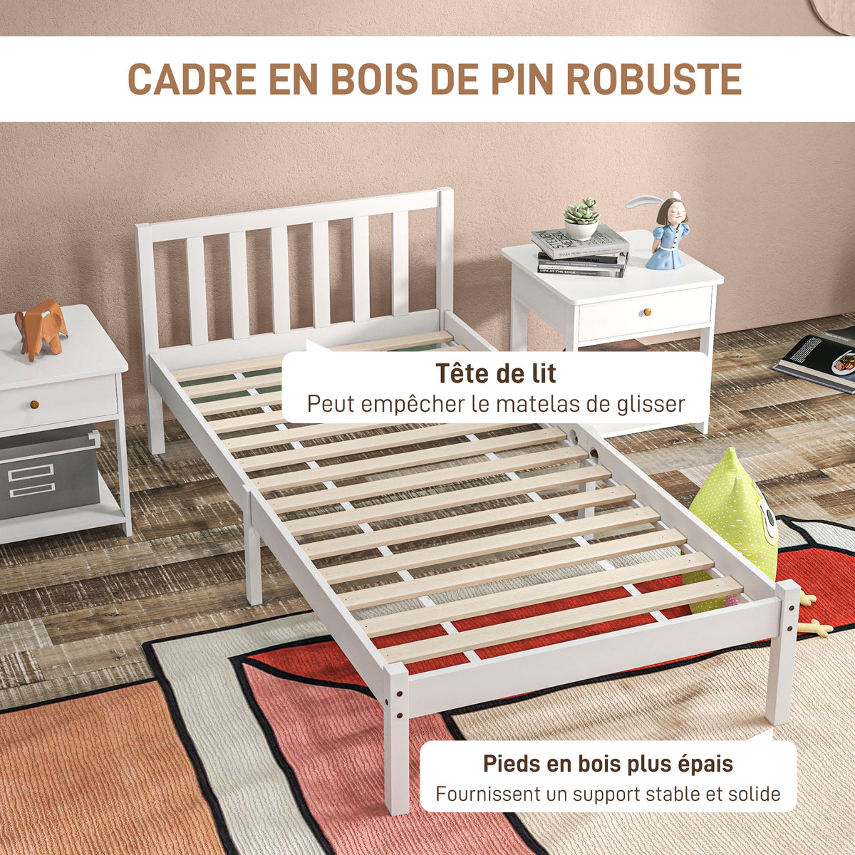 Cadre de lit en bois massif 90x190 cm lit simple avec tête de lit et sommier à lattes solide pour enfants adultes-5