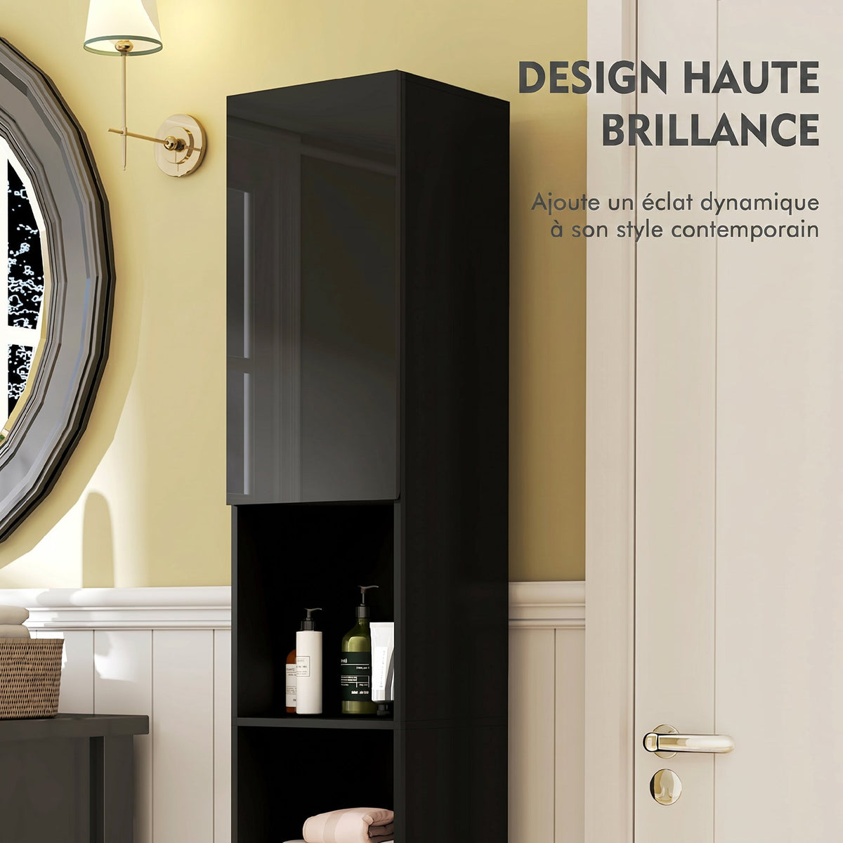 Meuble colonne de salle de bain 2 placards avec étagères réglables + 2 niches 30 x 30 x 181,5 cm noir-3