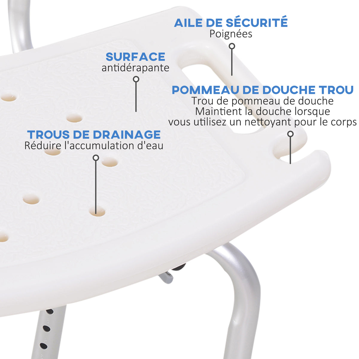 Chaise de Douche siège de Douche Ergonomique Hauteur réglable Pieds antidérapants Charge Max. 136 Kg alu HDPE Blanc-3