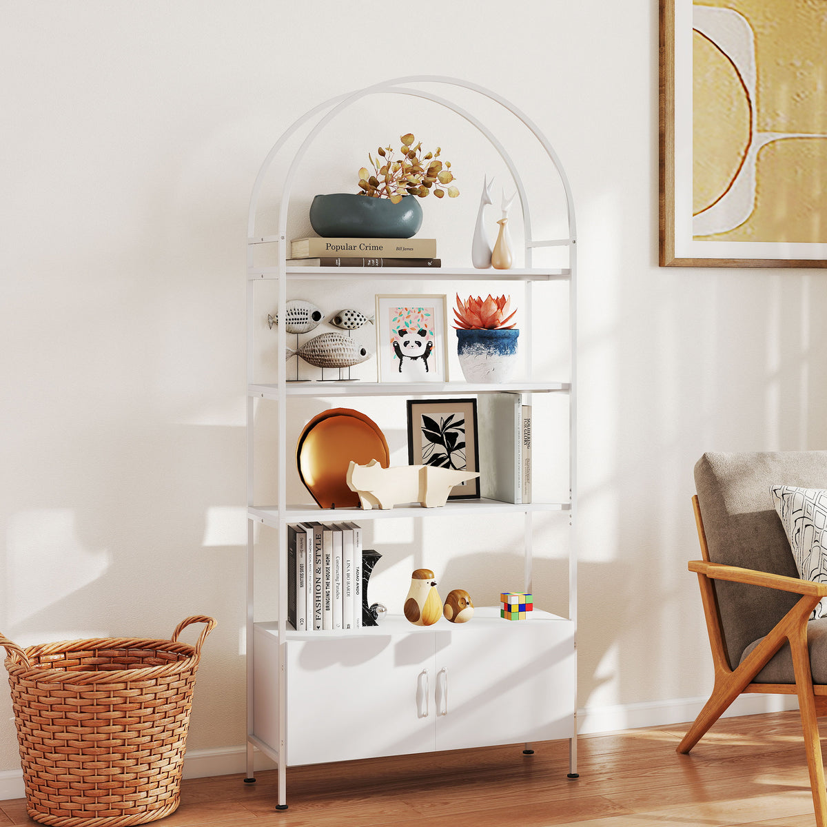 Étagère de rangement, bibliothèque arquée à 4 niveaux avec placard double porte, 80 x 30 x 187 cm, blanc-5