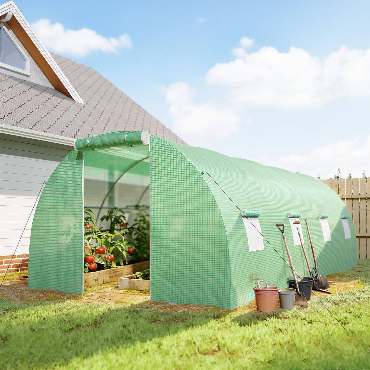 Serre de Jardin Tunnel 18 m² dim. 6L x 3l x 2H m - 8 fenêtres, Porte zippée Enroulable - châssis Tubulaire Acier galvanisé, bâche PE Haute densité Vert-1