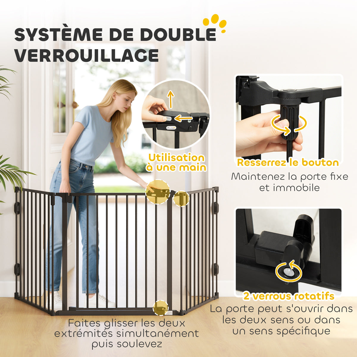 Barriere de securite chien pliable avec porte en acier 3 panneaux modulable fermeture automatique 202,5 x 2 x 76 cm noir-3