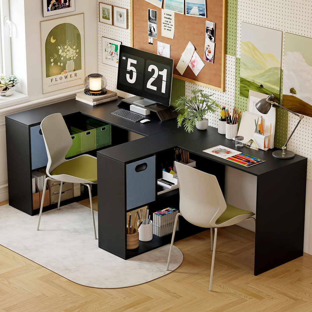 Bureau d'angle, bureau d'ordinateur avec tiroir en tissu et compartiments ouverts, 110 x 100 x 75 cm, noir-7