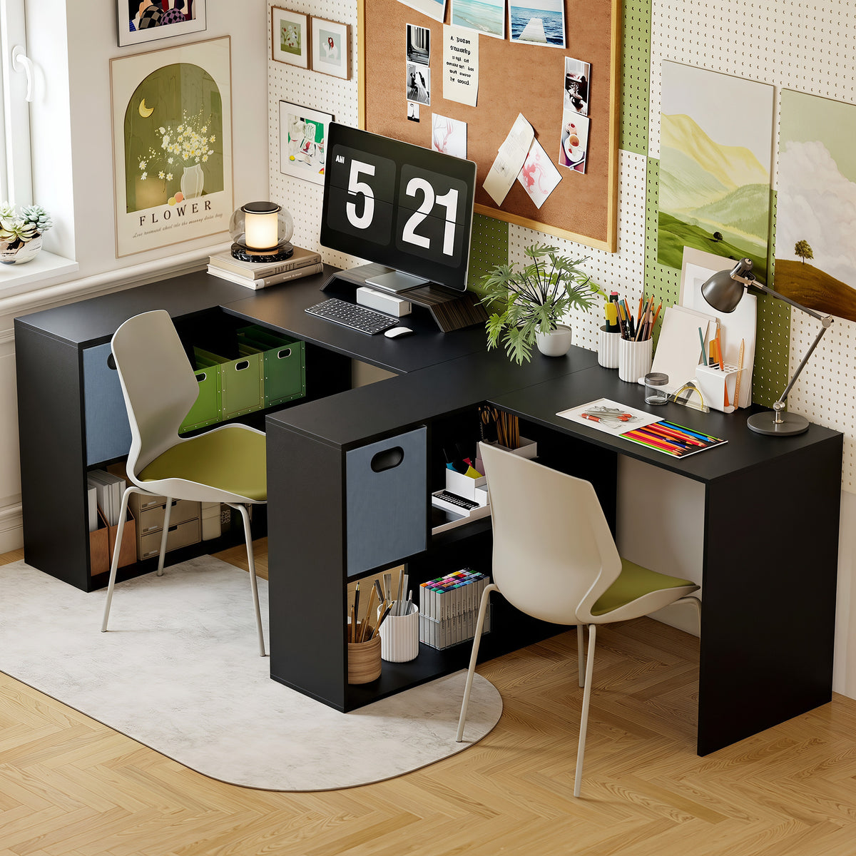 Bureau d'angle, bureau d'ordinateur avec tiroir en tissu et compartiments ouverts, 110 x 100 x 75 cm, noir-7