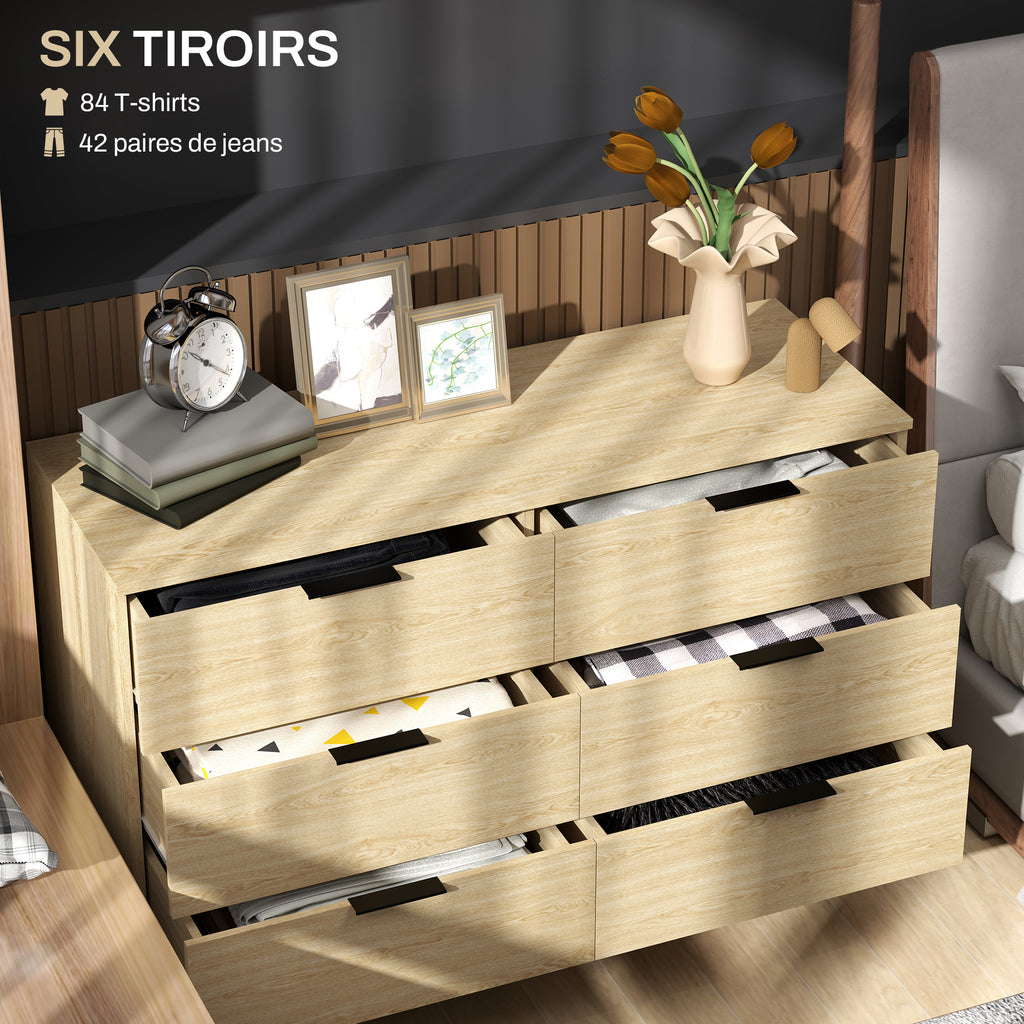 Commode 6 tiroirs Commode moderne pour chambre à coucher avec design anti-basculement 110L x 40l x 75H cm Aspect bois-3