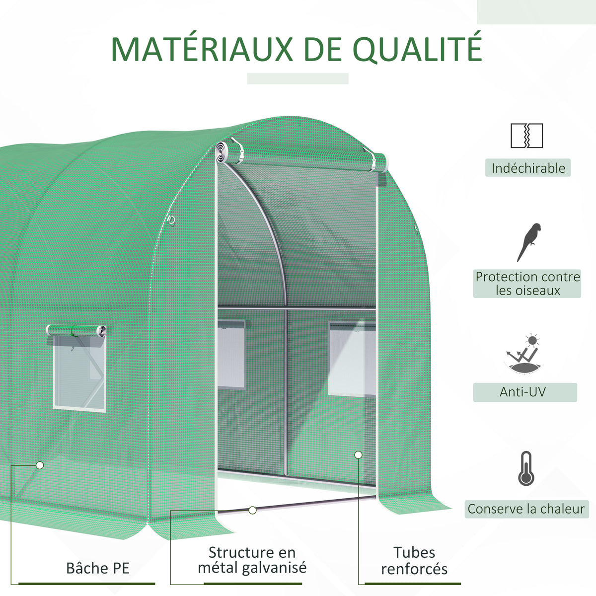 Serre de Jardin Tunnel Surface Sol 6 m² 3L x 2l x 2H m acier Porte zippée 6 fenêtres enroulables Vert-3