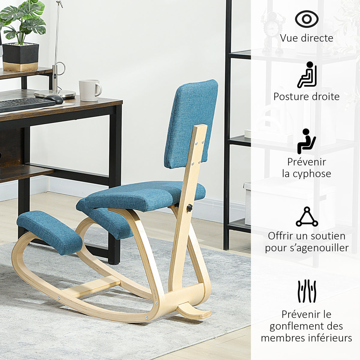 Chaise à genoux ergonomique avec dossier, siège assis genoux à bascule, correcteur de posture 51x84x93cm bleu foncé-4