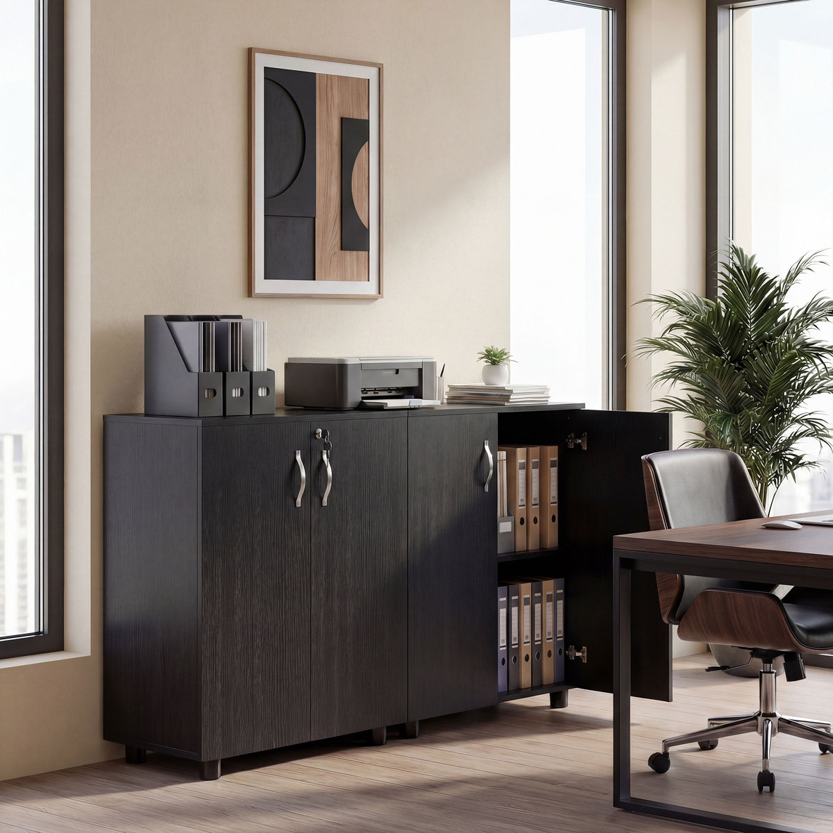 Armoire de Bureau à 2 Niveaux, Meuble de Rangement Bureau avec 2 Portes, Serrures et Clés, 80x40x80cm, Noir-7