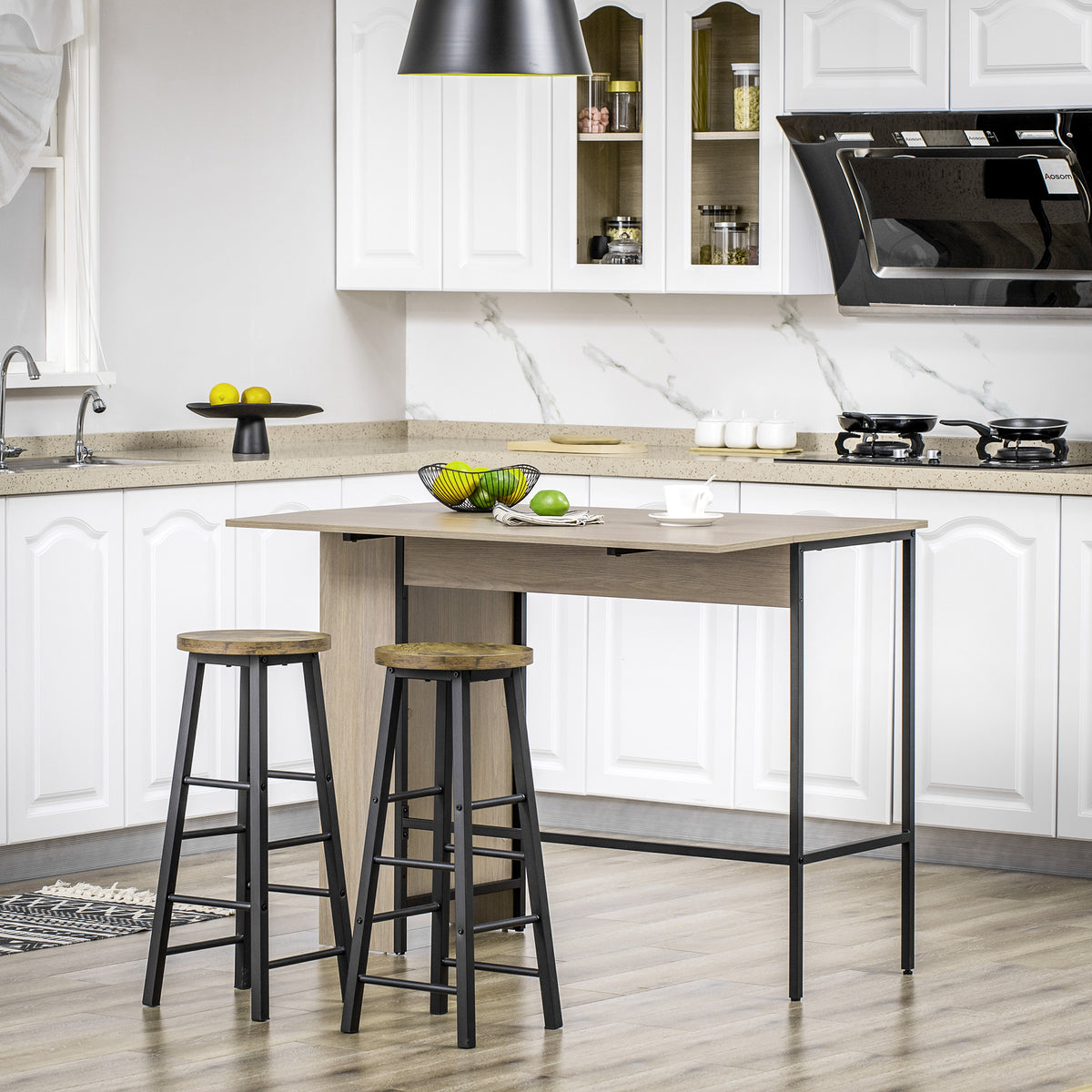 Ilot centra table de bar plateau latéral  rabattable et 3 étagères 120 x 76 x 91,4 cm gris clair-1