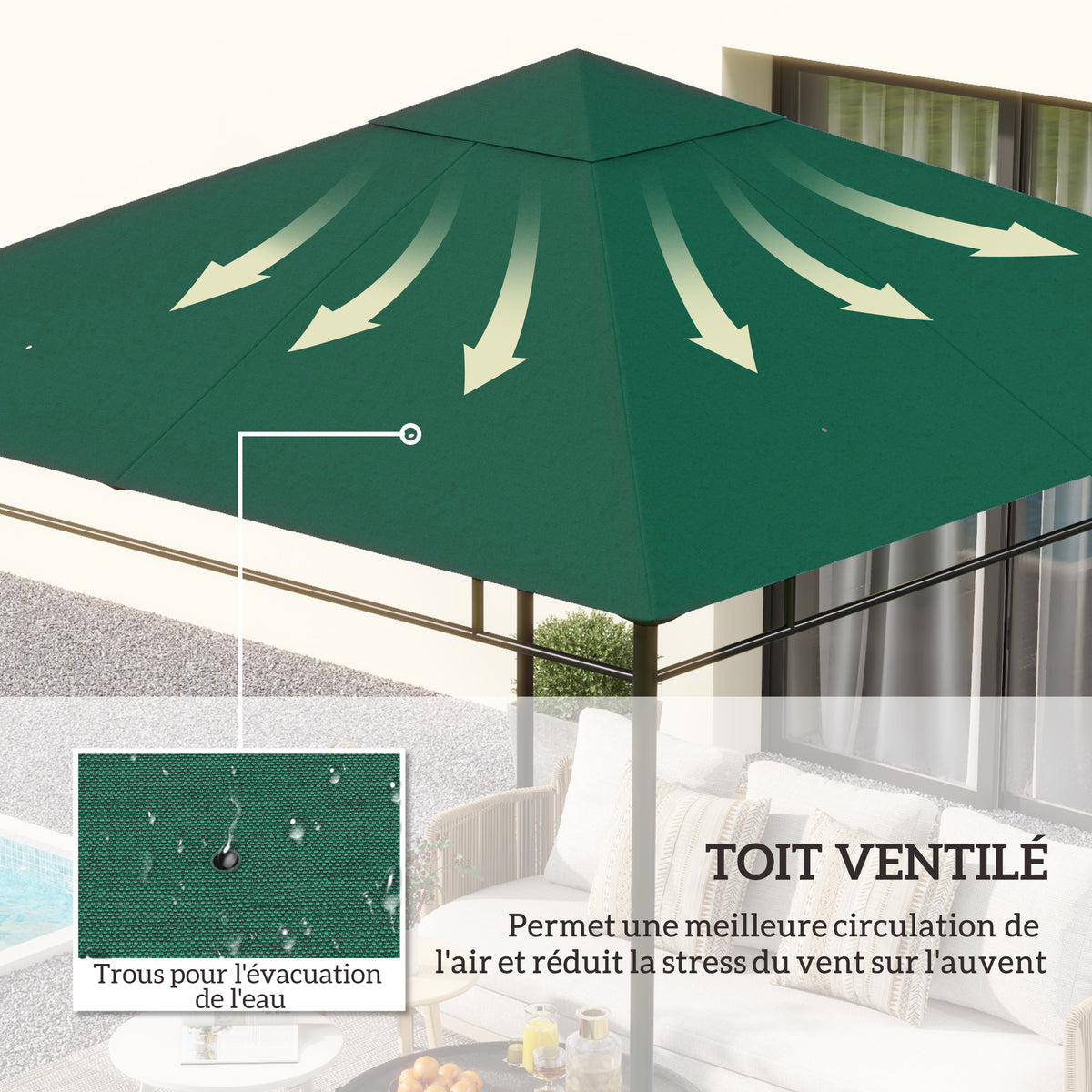 Toile de rechange pour pavillon toit de remplacement gazebo tissu polyester haute densité 180 g/m² anti-UV 3 x 3 m vert-3