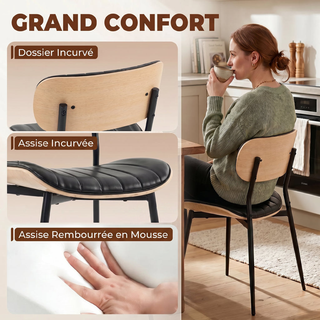 Lot de 2 Chaises de Salle à Manger, Chaises Cuisine sans Accoudoirs, Dossier Incurvé et Assise Rembourrée en PU, Noir-3