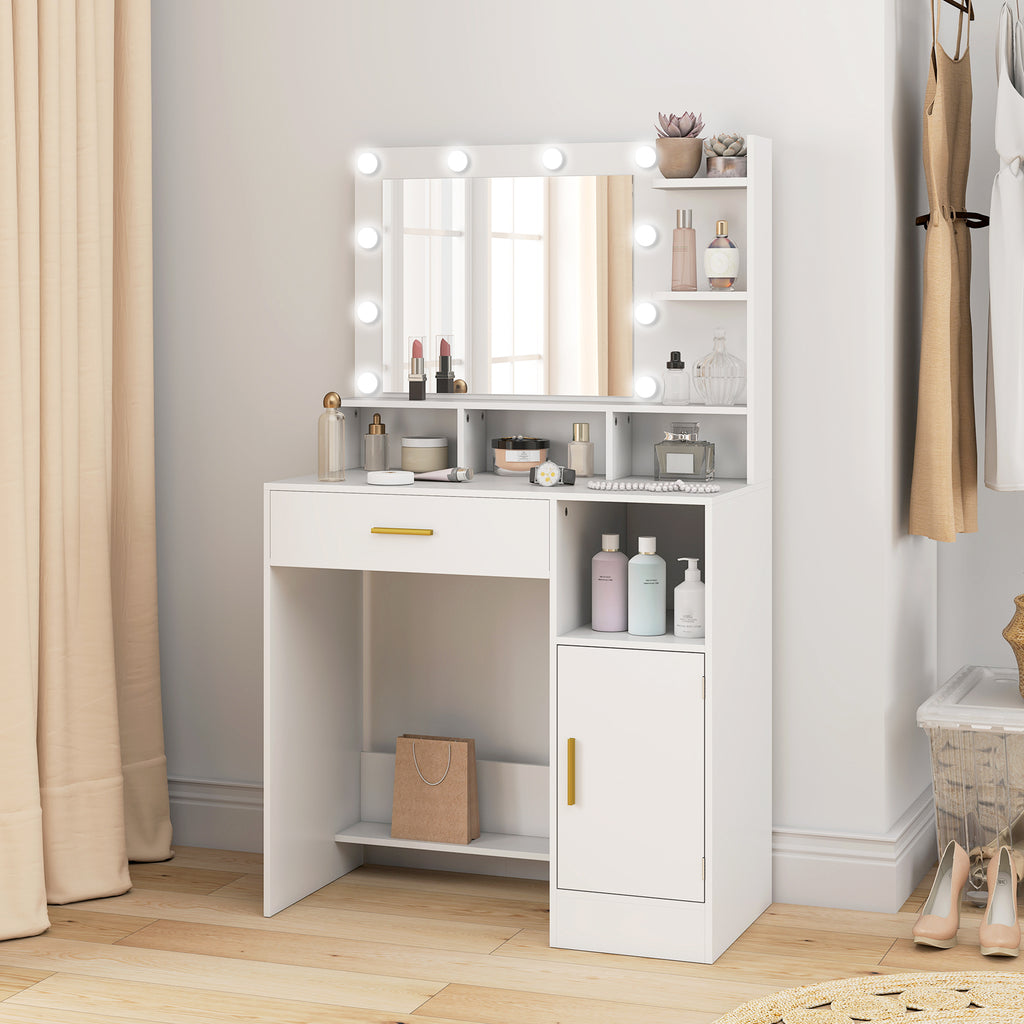 Coiffeuse avec miroir et 10 lumières LED, luminosité réglable, tiroir, placard et étagères ouvertes, 80x40x135cm, blanc-9