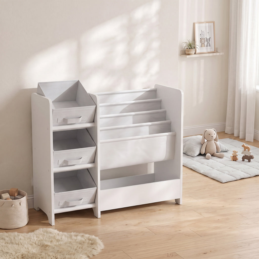 Meuble Rangement Enfant à 3 Niveaux avec 4 Porte-livres, 3 Bacs en Tissu et Compartiment, 64,5 x 30 x 66 cm, Blanc-1