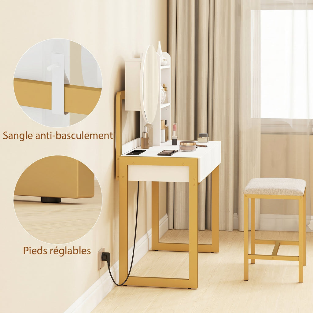 Coiffeuse avec miroir et tabouret, station de charge, table de maquillage avec 2 tiroirs, 3 étagères ouvertes, blanc-7