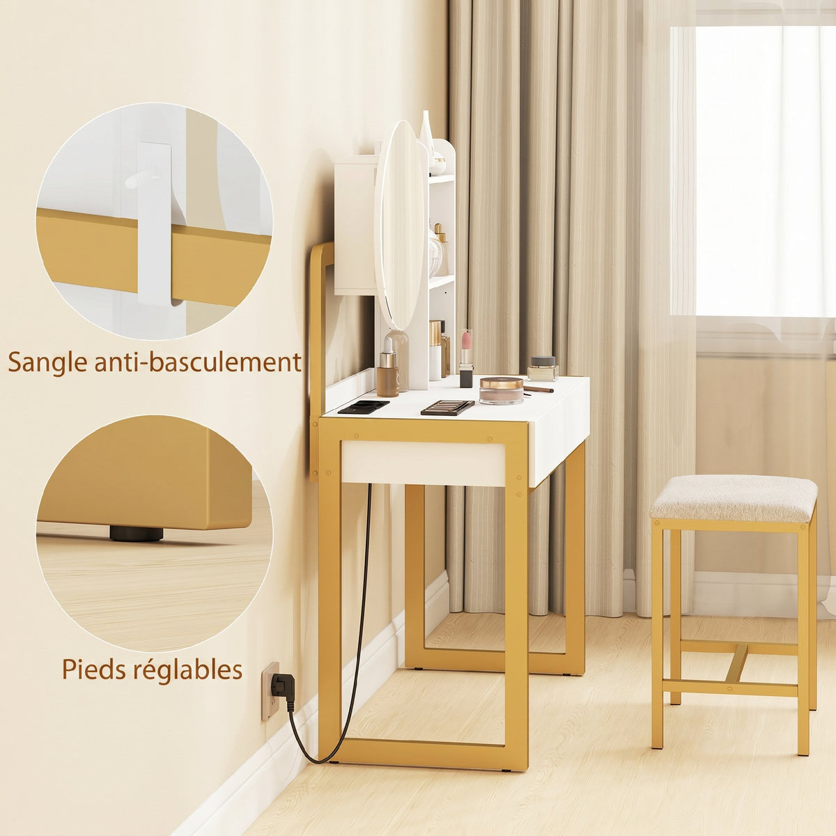 Coiffeuse avec miroir et tabouret, station de charge, table de maquillage avec 2 tiroirs, 3 étagères ouvertes, blanc-7