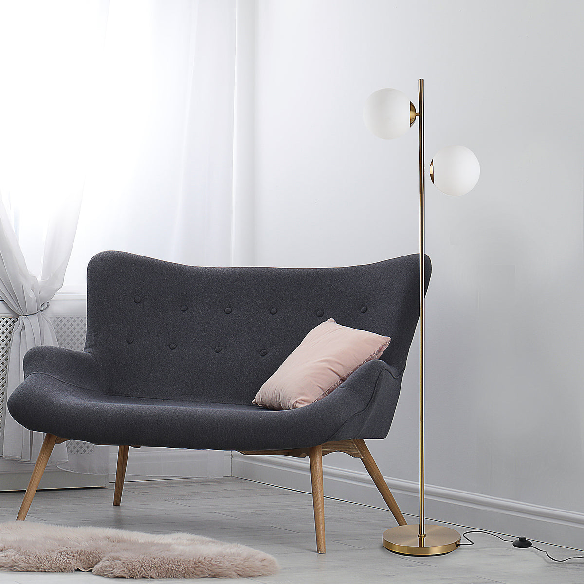 Lampadaire design lampadaire sur pied salon néo-rétro 2 Têtes boules max. 40 W métal doré-9
