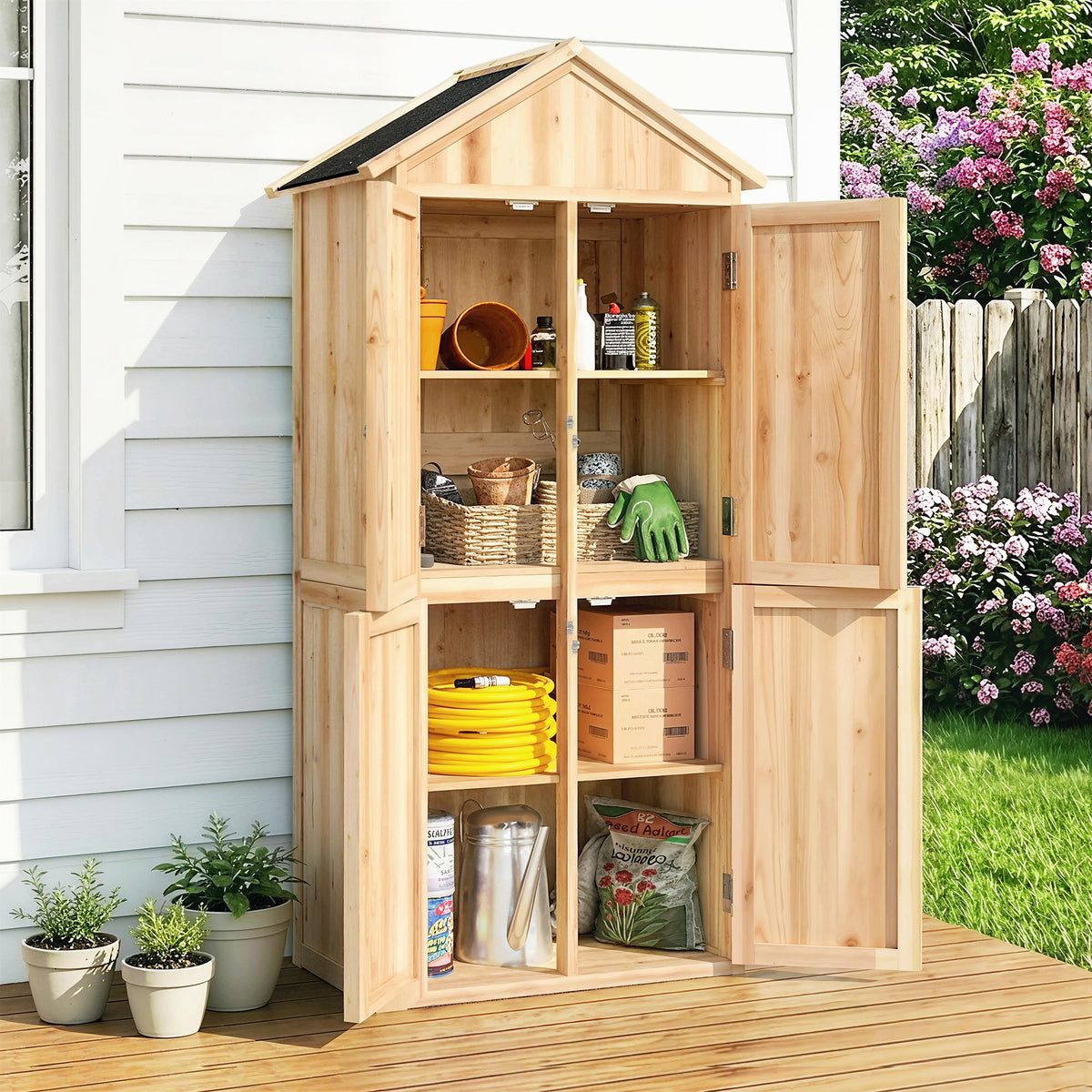 Armoire de Jardin en Bois Abri à Outils Rangement Extérieur Toit en Pointe en Asphalte 82x50x190cm Bois Naturel-1