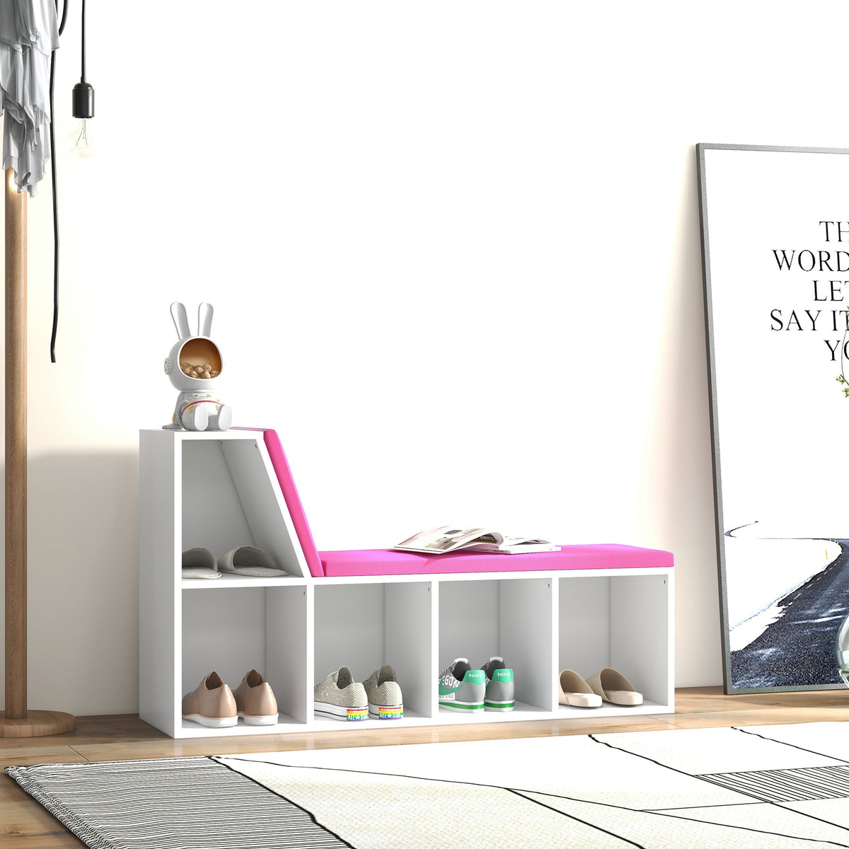 Bibliothèque banc 2 en 1 avec 5 compartiments de rangement et 2 coussins 108 x 30 x 60 cm blanc rose-7