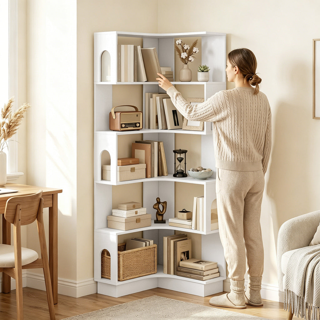 Bibliothèque d'angle, étagère de rangement à 6 niveaux avec panneaux latéraux arqués, 60 x 60 x 165,5 cm, blanc-6