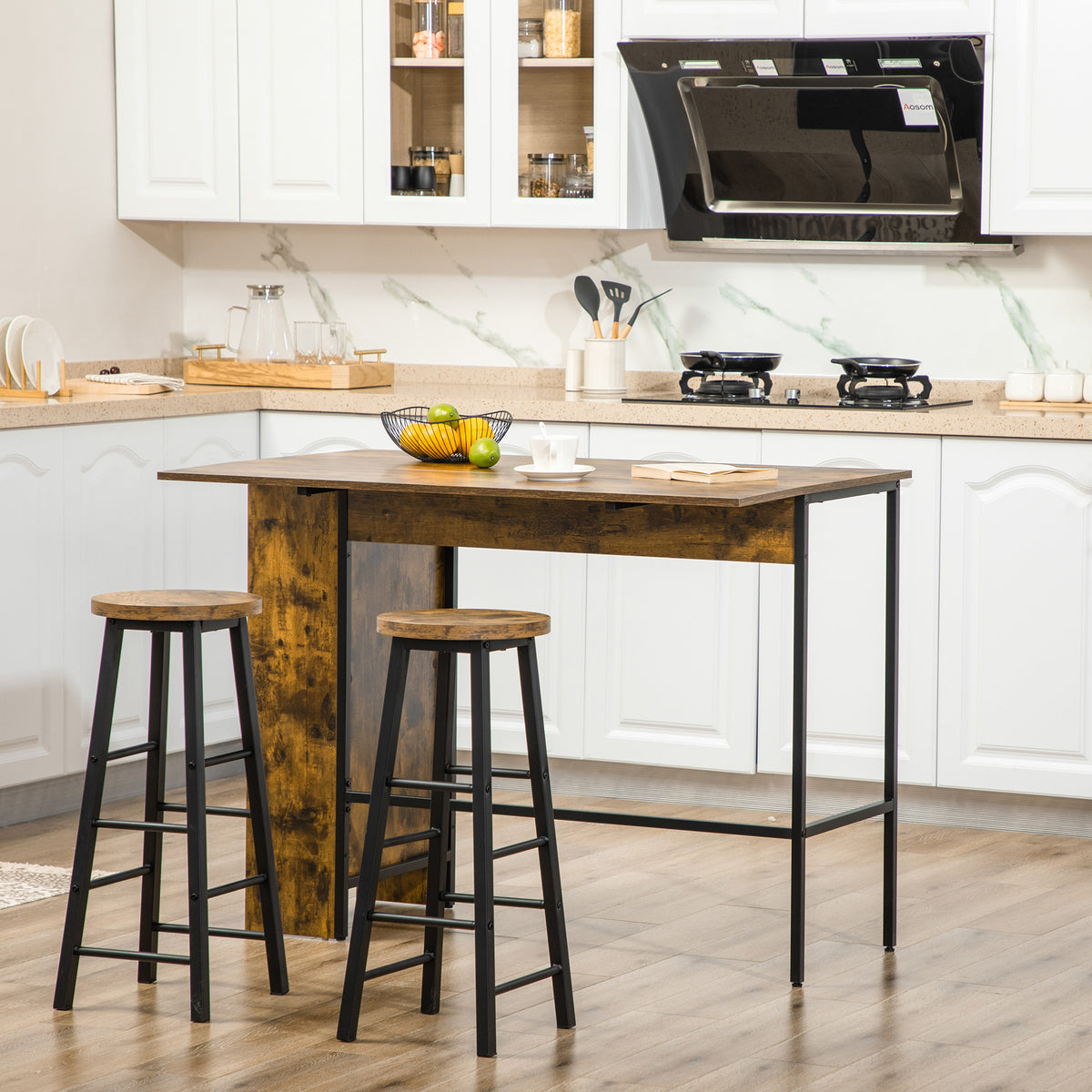 Ilot centra table de bar plateau latéral  rabattable et 3 étagères 120 x 76 x 91,4 cm Brun Rustique-1