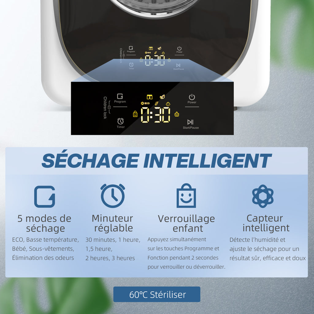 Sèche-linge à évacuation portable 4 Kg, sèche-linge 800 W compact, 5 modes de séchage, minuterie, blanc-3