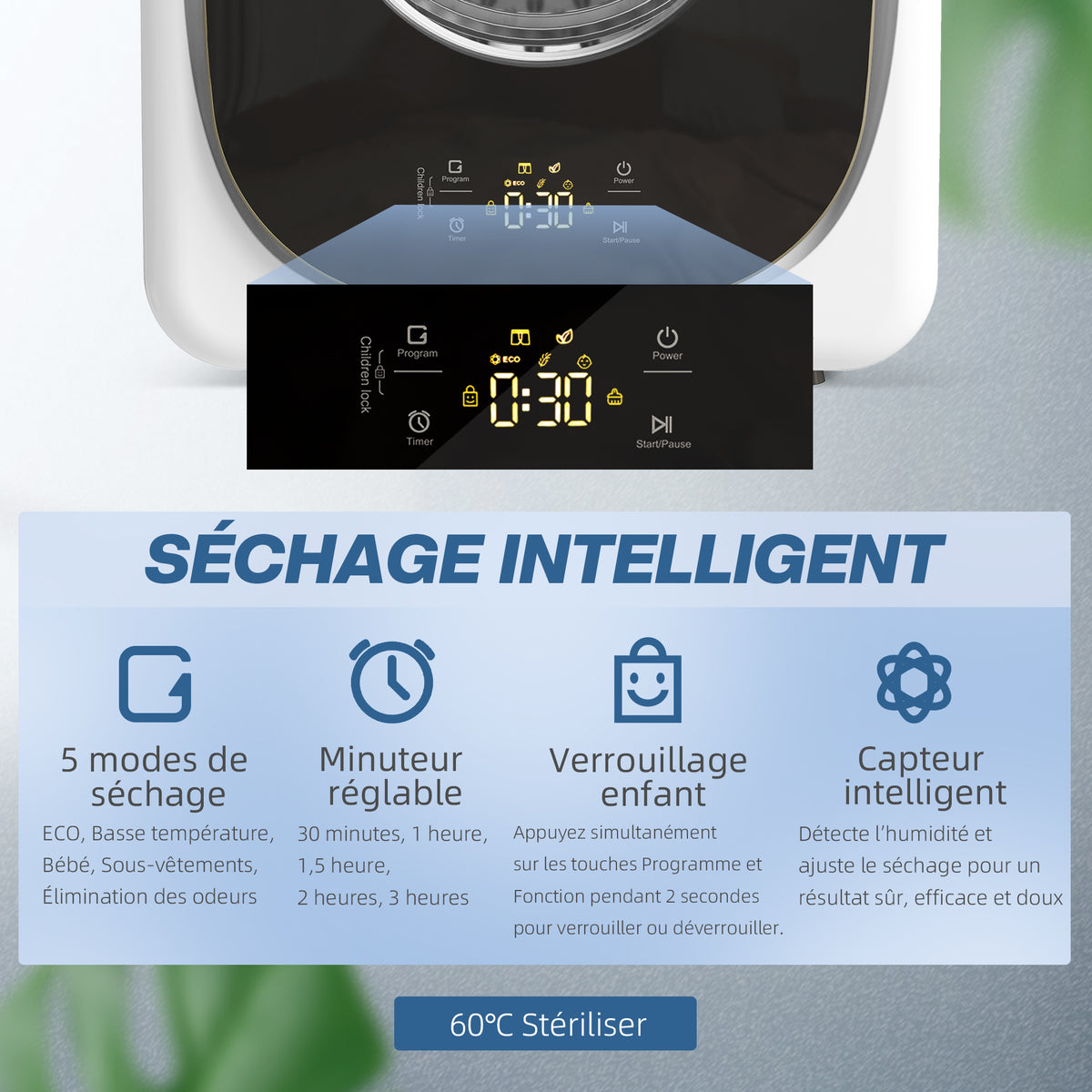 Sèche-linge à évacuation portable 4 Kg, sèche-linge 800 W compact, 5 modes de séchage, minuterie, blanc-3
