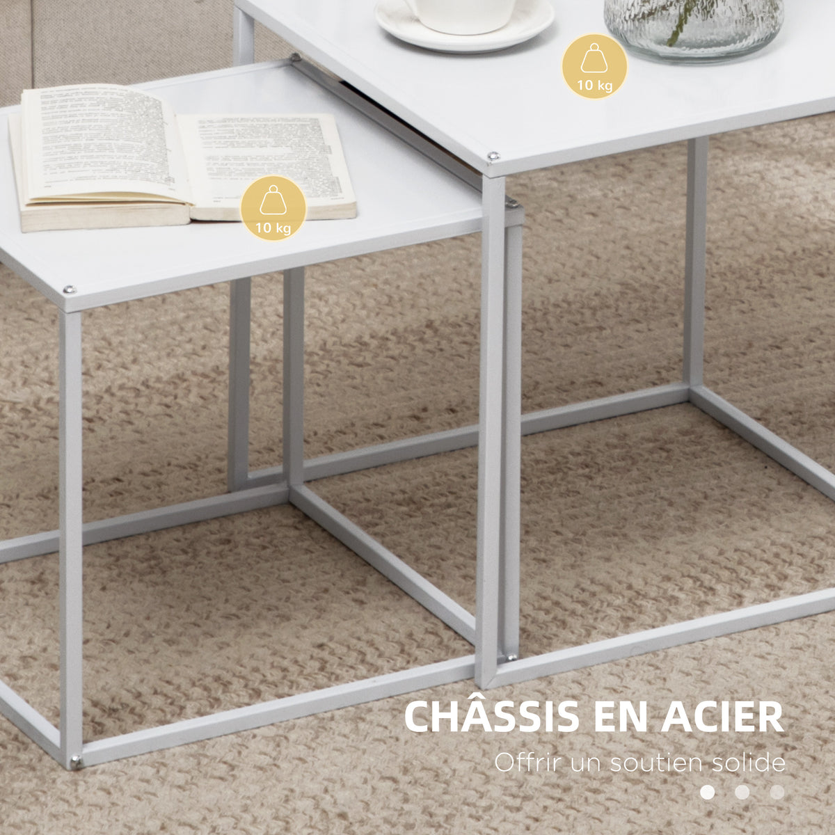 Lot de 2 tables basses gigognes, lot de 2 tables gigognes de salon, modulables, en acier, style industriel, blanc mat-5