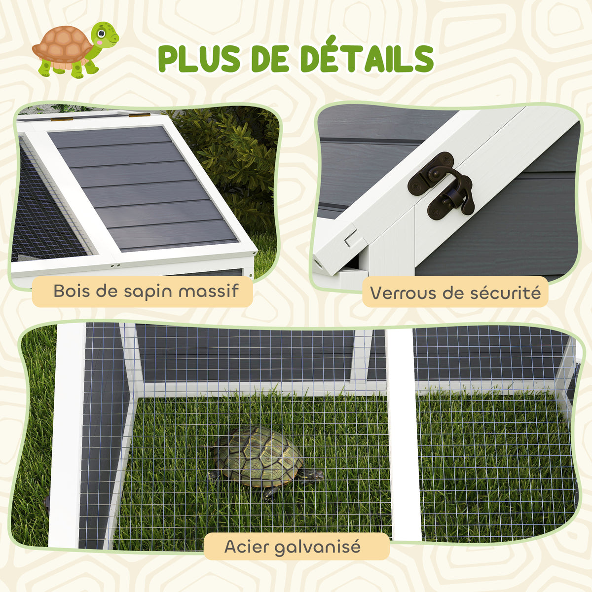 Maison enclos cage pour petit animal tortue en bois avec couvercle ouvrable, loquets, 2 espaces distincts, gris-7