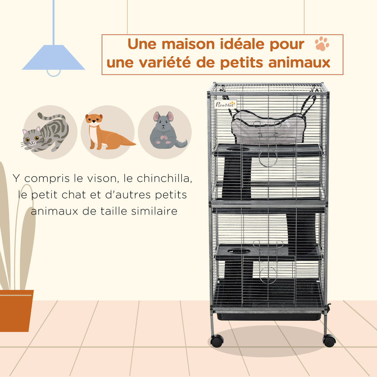 Cage pour Petits Animaux Portable à 4 Niveaux Cage Chinchilla Cage Furet avec Roulettes, 2 Portes, 3 Rampes, Hamac et Plateau Amovible, 52 x 52 x 113,5 cm Gris-3