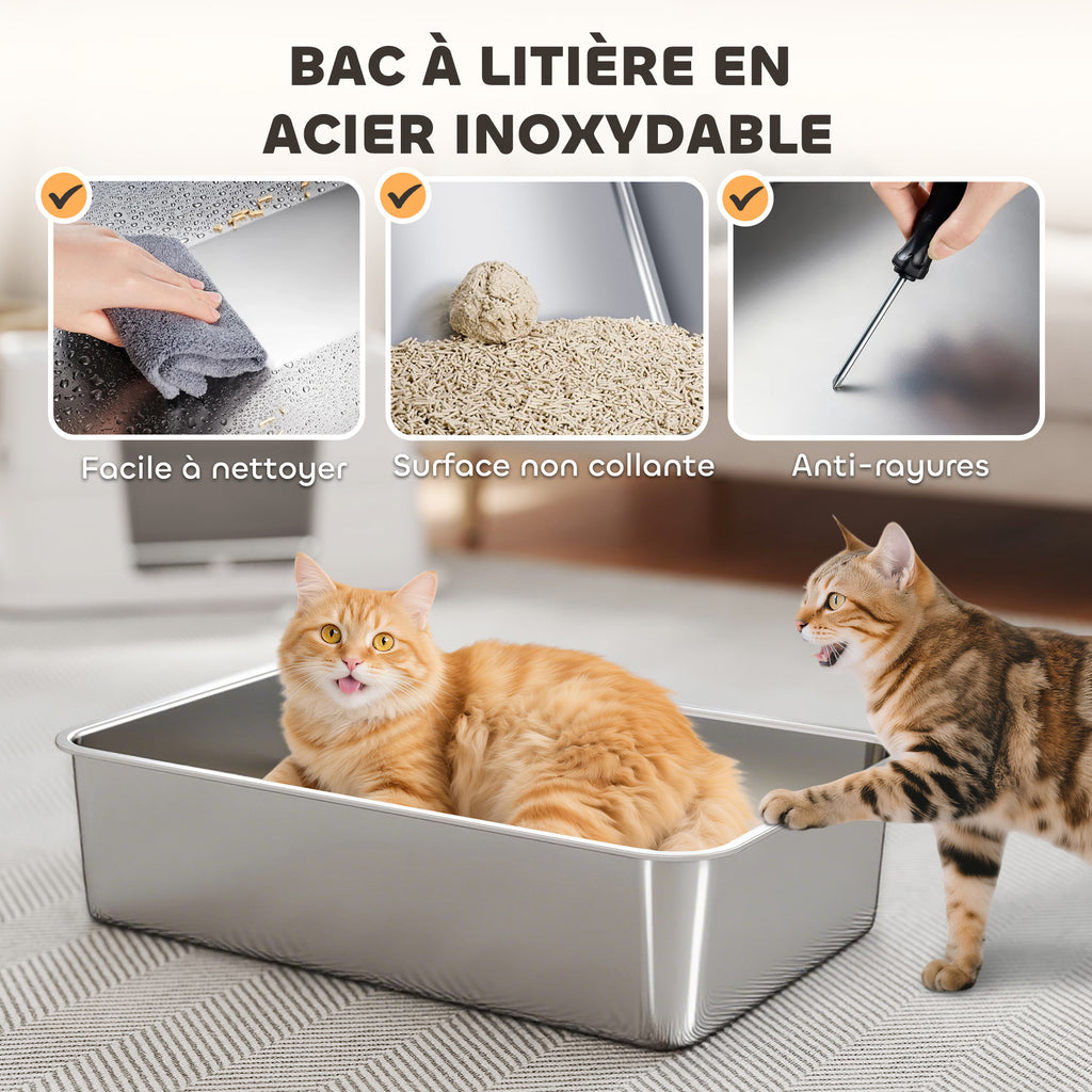 Bac à Litière XL en Acier Inoxydable pour Grand Chat, Couvercle Pivotant 100°, Pelle, 60,2x40,2x44,5cm, Gris Clair-3