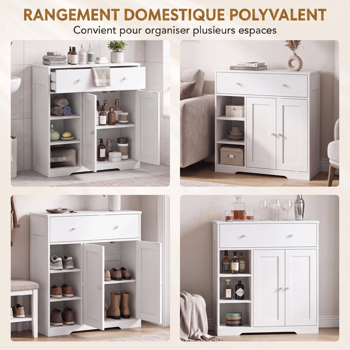 Meuble de Salle de Bain avec 1 Tiroir, 2 Portes, 3 Compartiments Ouverts, Style Scandinave, 80x30x80,2cm, Blanc-6