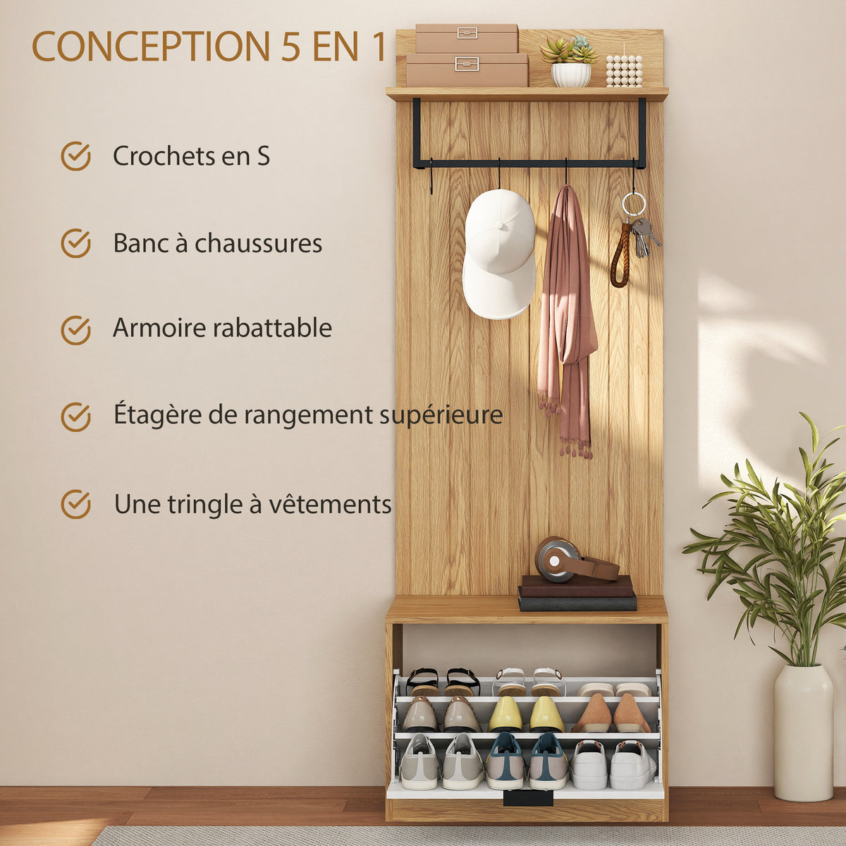 Meuble d'entrée 5 en 1, vestiaire d'entrée, banc à chaussures rabattable, étagère et 4 crochets, 60x30x170cm, chêne-3