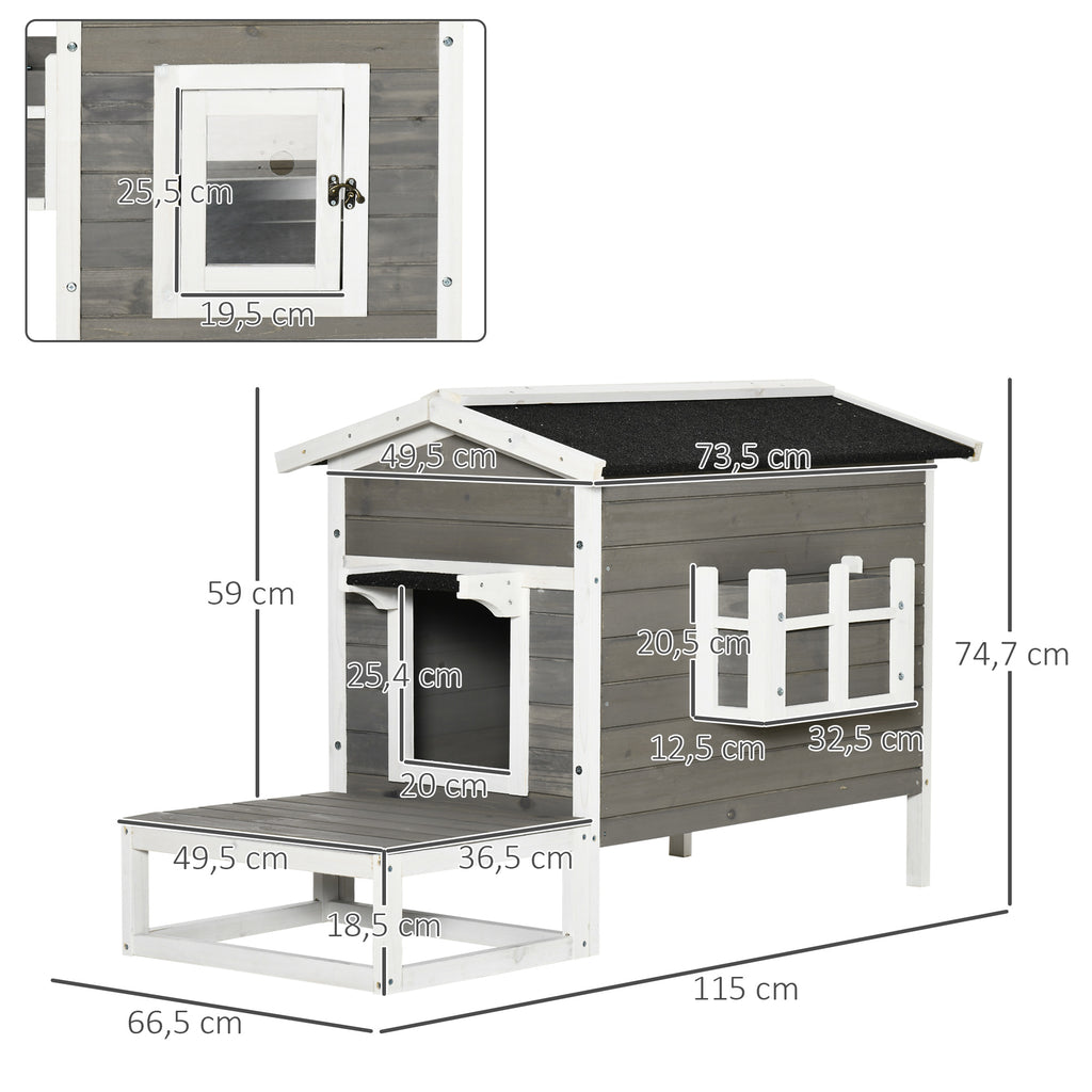 Maisonnette pour chats niche extérieure surélevé avec terrasse étanche en bois, dim. 115L x 66,5P x 74,7H cm, gris-2