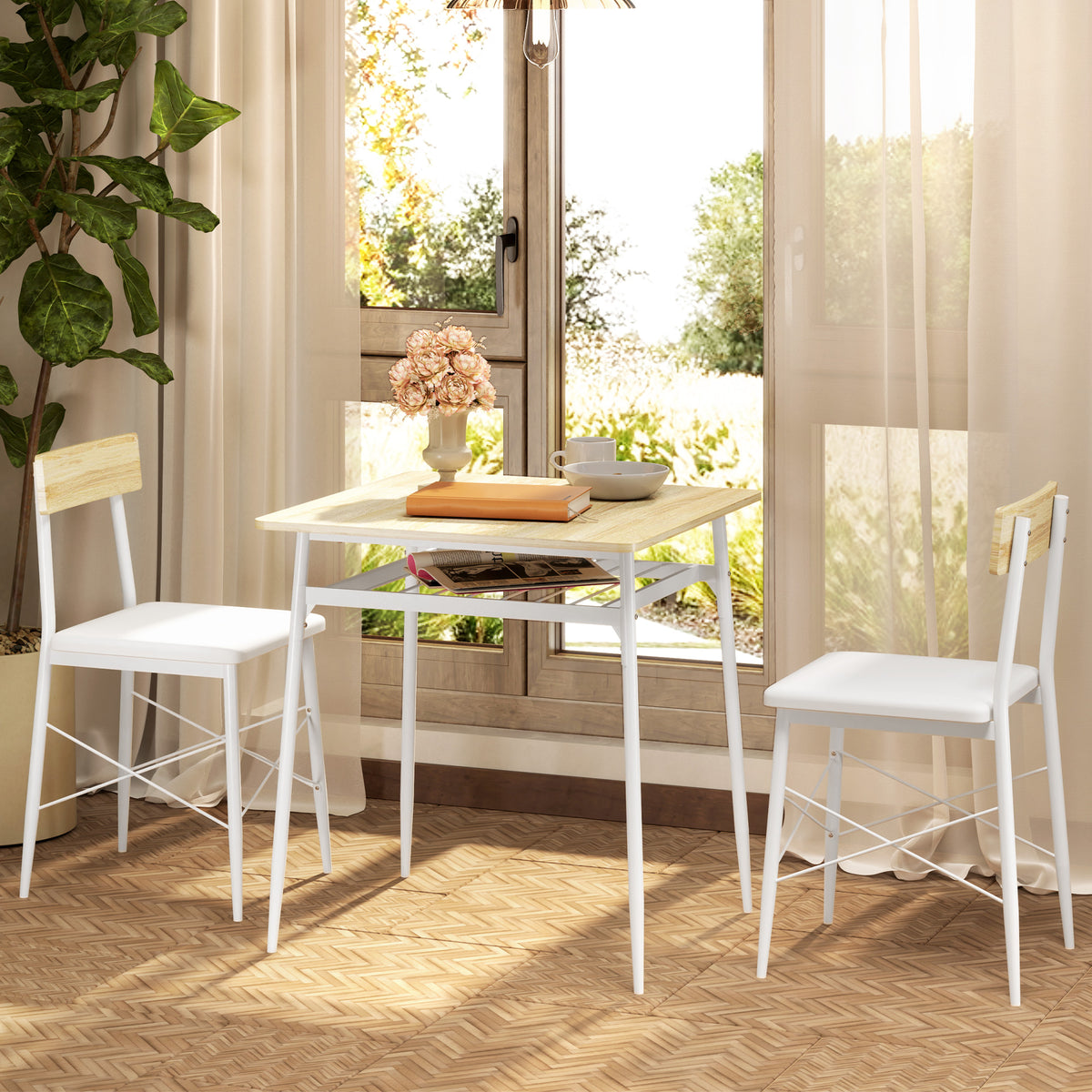 Ensemble table et chaises, table de cuisine avec chaises, structure en acier, avec 2 chaises encastrables, blanc chêne-9