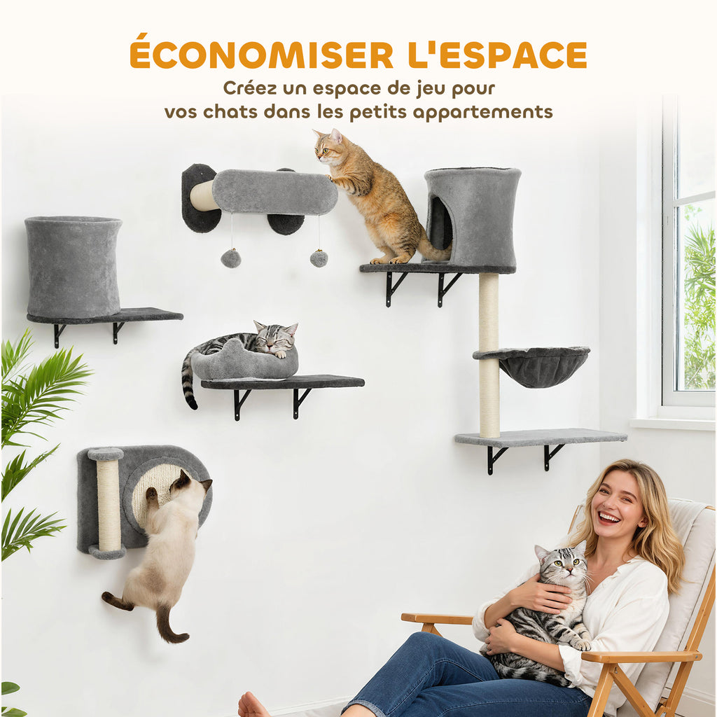 Étagères murales pour chat arbre à chat mural 5 pièces 2 niches hamac plateformes griffoirs en sisal gris-4