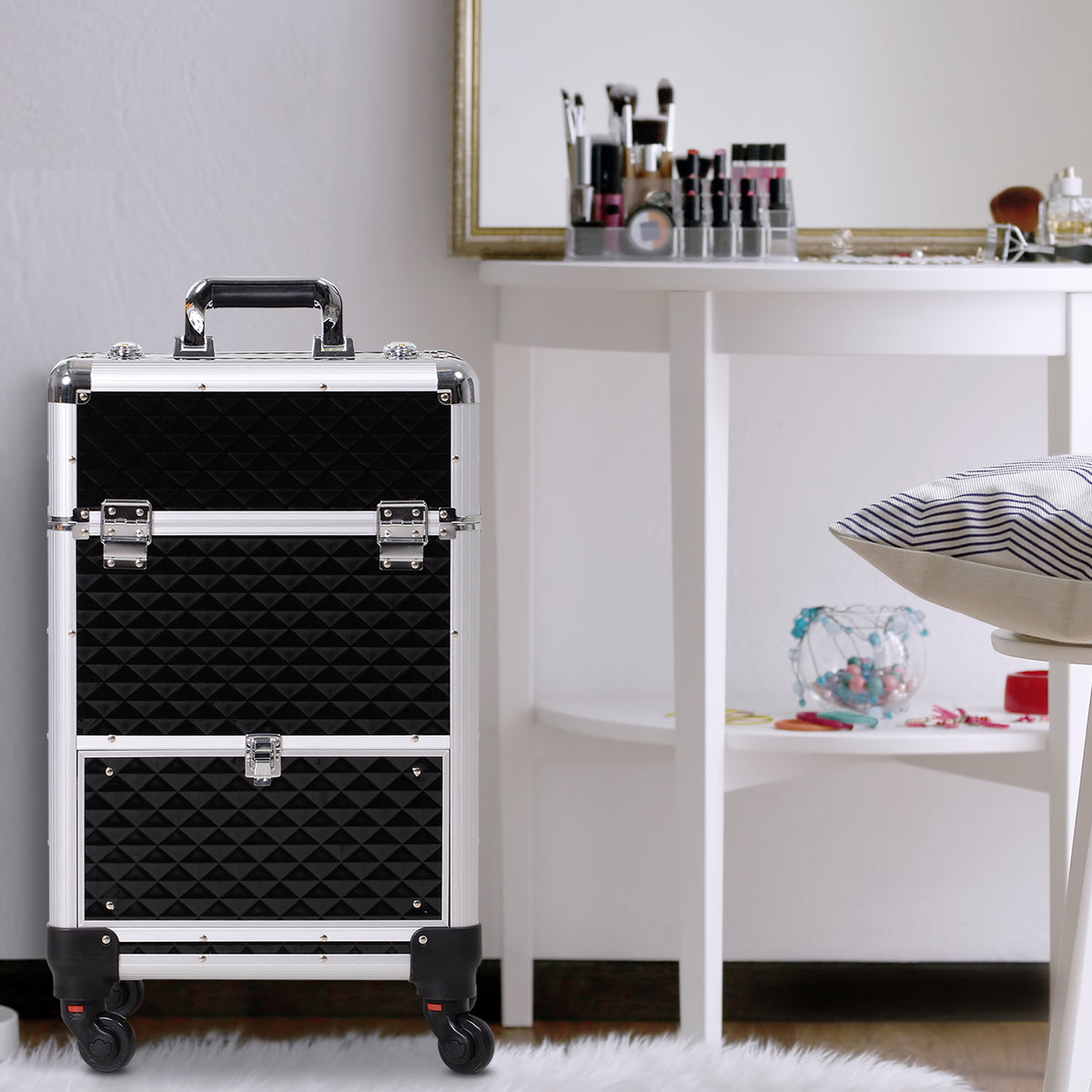 Valise trolley maquillage mallette cosmétique vanity poignée télescopique réglable 34L x 25l x 62H cm alu. noir-9