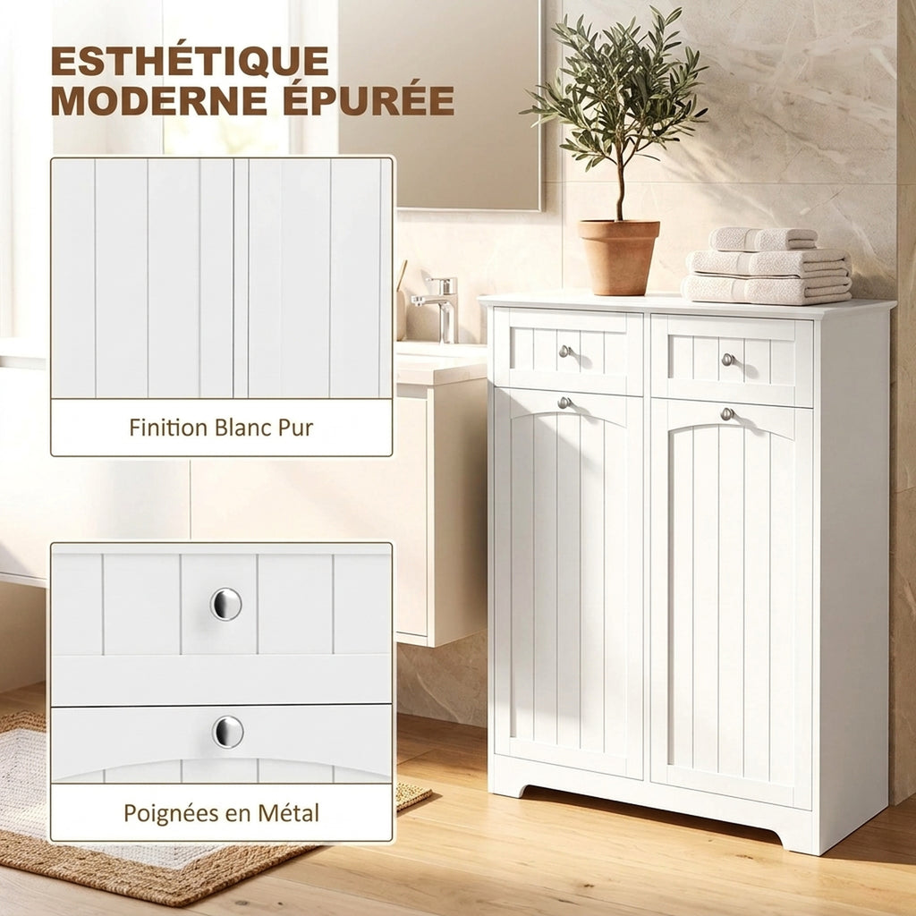 Meuble de Salle de Bain Moderne, 2 Tiroirs, 2 Paniers à Linge, Sacs Amovibles avec Poignées, 78 x 38 x 90 cm, Blanc-6