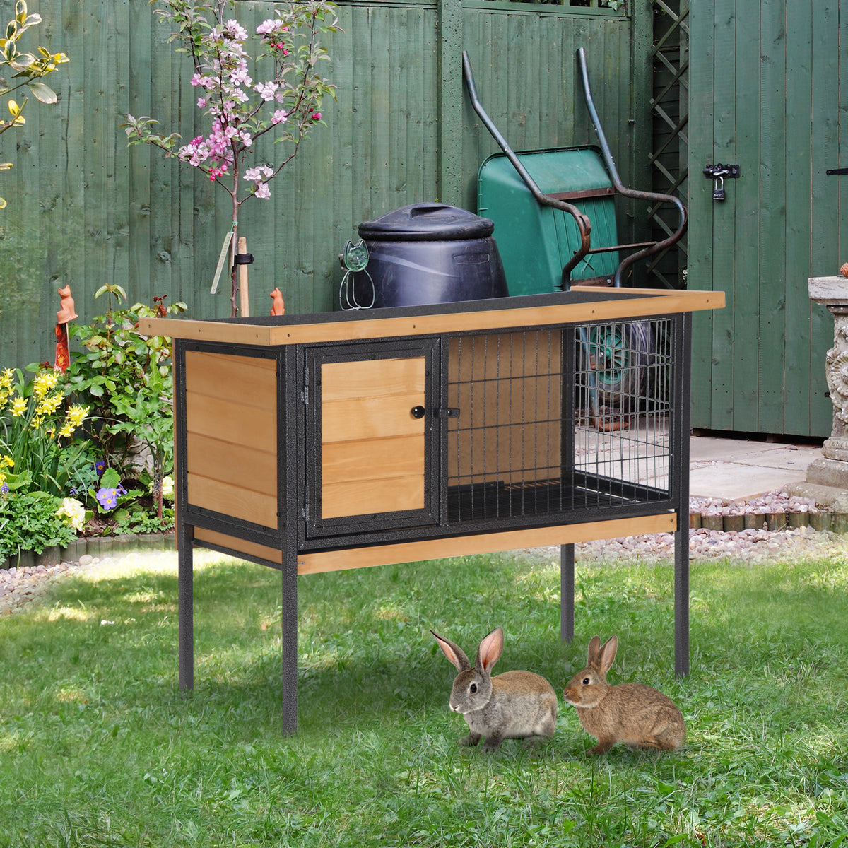 Cage à lapins en bois sur pieds, clapier pour rongeurs, cochons d'inde avec toit ouvrable - dim. 91,5L x 45l x 70H cm-1