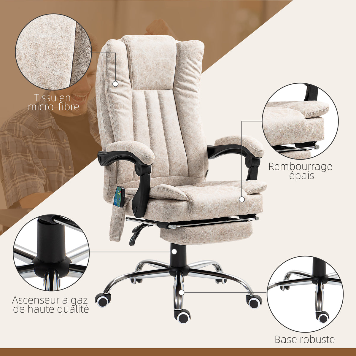 Fauteuil de bureau massant et chauffant avec hauteur réglable, dossier inclinable, repose-pied et télécommande, crème-6