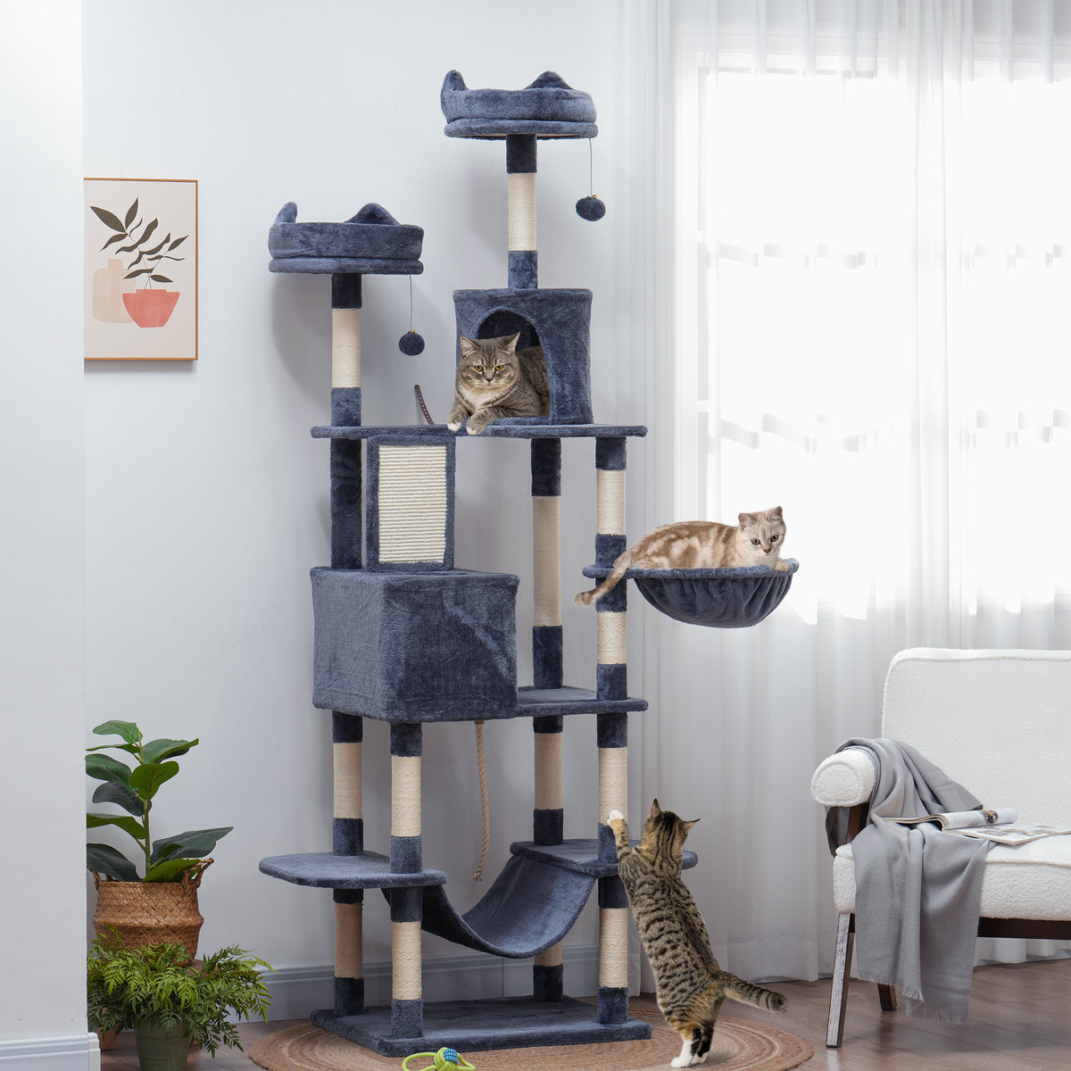Arbre à chat 206 cm tour de jeux pour chat en peluche plusieurs niveaux idéal pour 1-3 chats 60 x 50 x 206 cm gris foncé-9