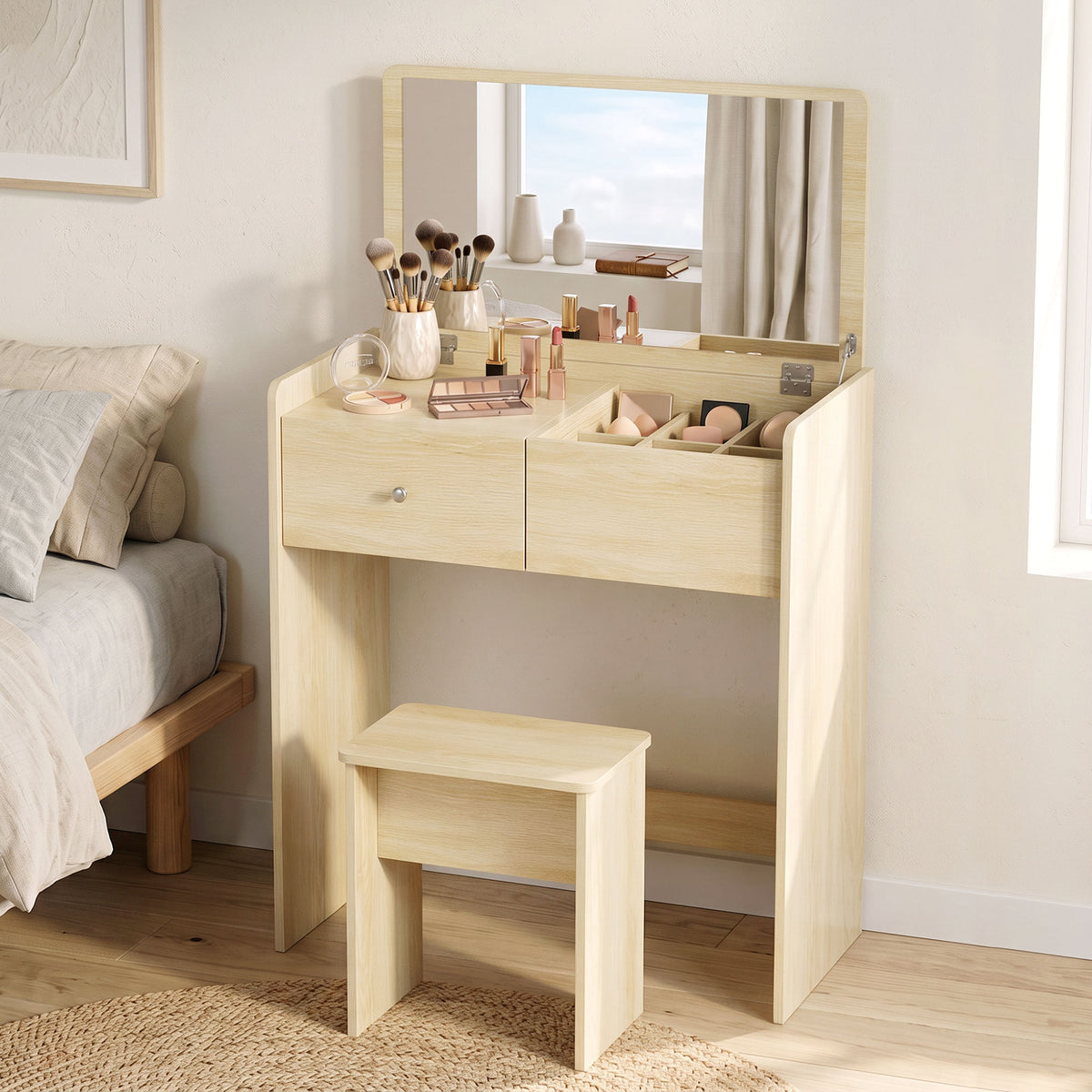 Coiffeuse Bureau 2 en 1 avec Miroir Rabattable et Tabouret, Table de Maquillage avec Tiroir et 6 Compartiments, Chêne-1