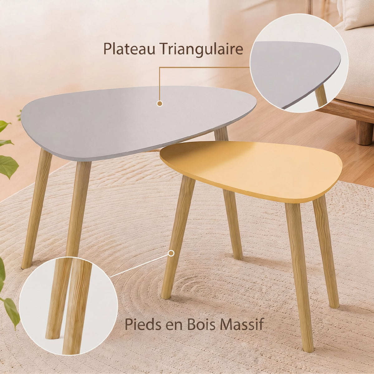 Lot de 2 tables basses gigognes design scandinave pieds en bois et plateau en bois, gris et jaune-4
