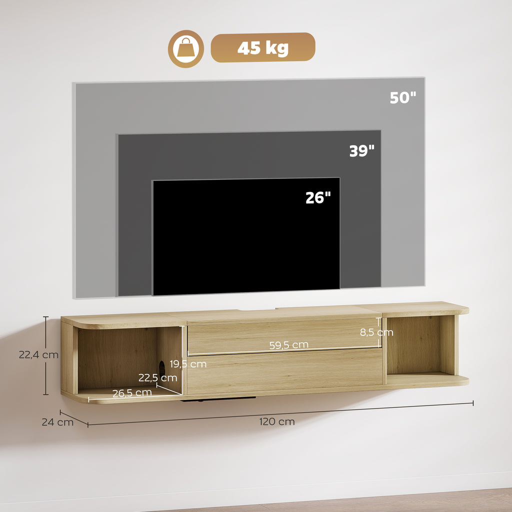 Meuble TV suspendu meuble télé pour téléviseur 50 pouces tiroir étagères passe-câbles 120x24x22,4cm effet bois naturel-2